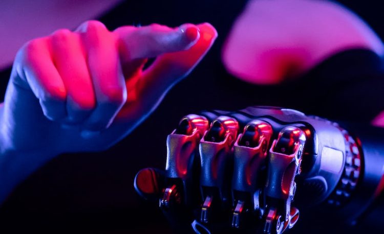 woman pointing finger on bionic hand