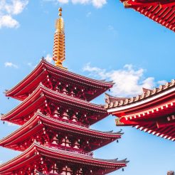 close up of red wooden temple