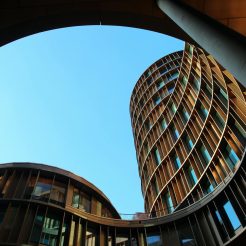 worm s eye view of city buildings