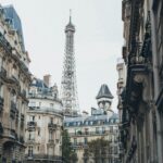 eiffel tower behind buildings