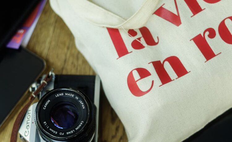 bag and camera on table